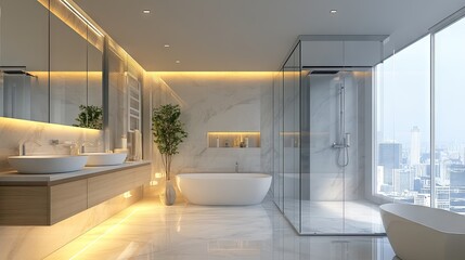 A bright modern bathroom with soft lighting reflecting off polished marble walls.