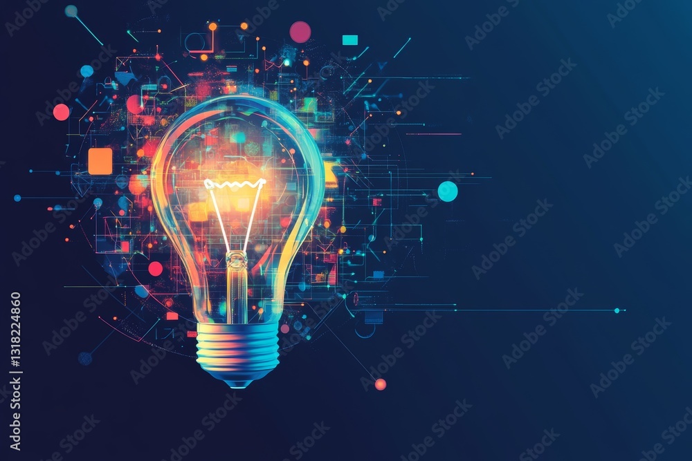 Aufkleber this vibrant abstract image features a light bulb surrounded by colorful geometric elements, symboli