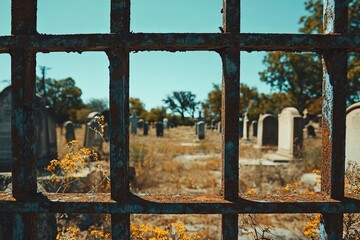 This image captures a rusty fence framing an abandoned graveyard, with weathered headstones and overgrown vegetation, evoking themes of decay and remembrance.