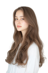 Naklejka premium Elegant Woman with Long Wavy Light Brown Hair Looking to the Side