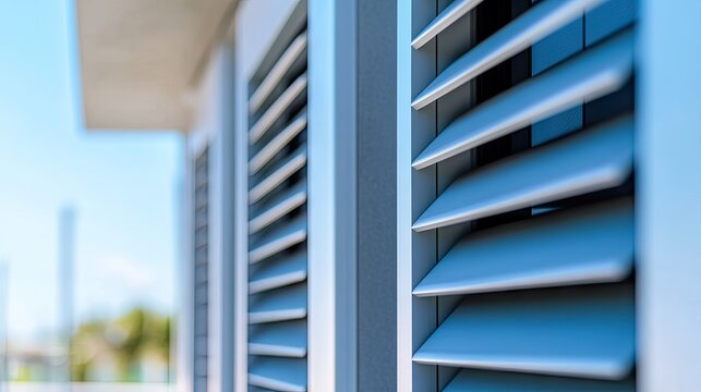 A close-up of aluminum louver panels, designed for moisture resistance in bathrooms.