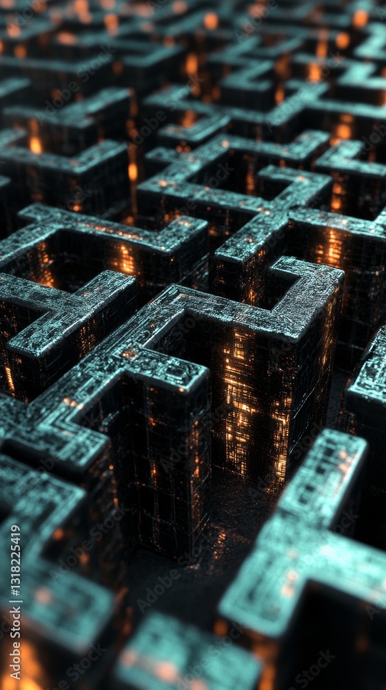 Poster a maze of squares and rectangles with a dark blue background. the squares are lit up with a yellowis