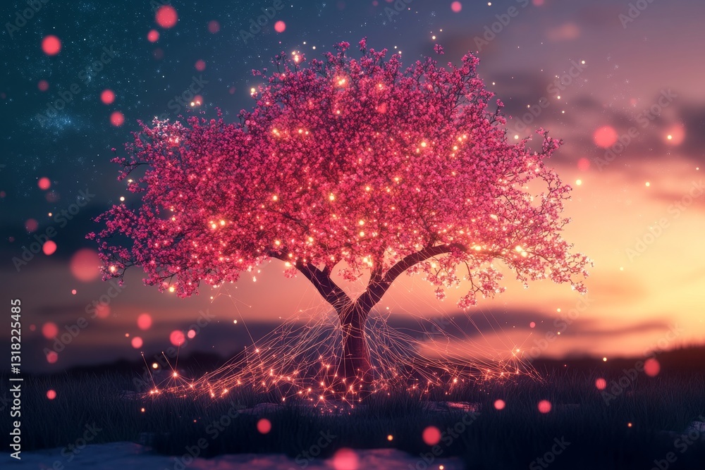 Poster a tree with pink leaves is lit up with lights. the tree is surrounded by a field of grass and there 