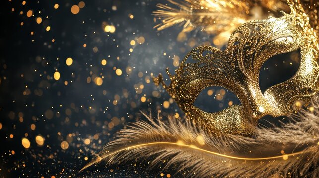 Elegant masquerade ball backdrop with golden sunbeams filtering through a vintage ballroom