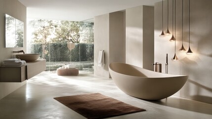 A contemporary bathroom featuring elegant bronze fixtures and neutral tones.
