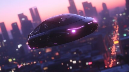 Futuristic Vehicle Over Metropolis: An innovative concept vehicle gracefully navigates a sprawling cityscape at dusk.