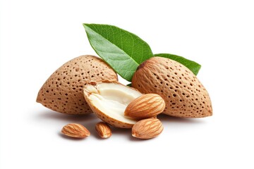 Two almonds, one cracked open, with leaves.