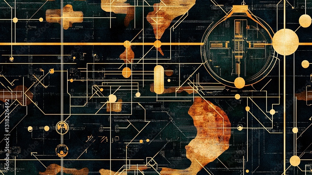 Poster abstract technological background featuring golden lines, shapes, and patterns layered over dark ton