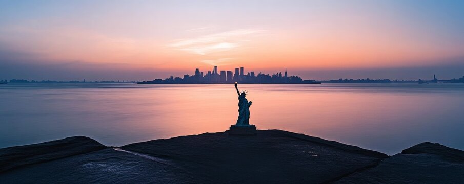 Statue of Liberty stands overlooking water and distant cityscape at dusk - Powered by Adobe