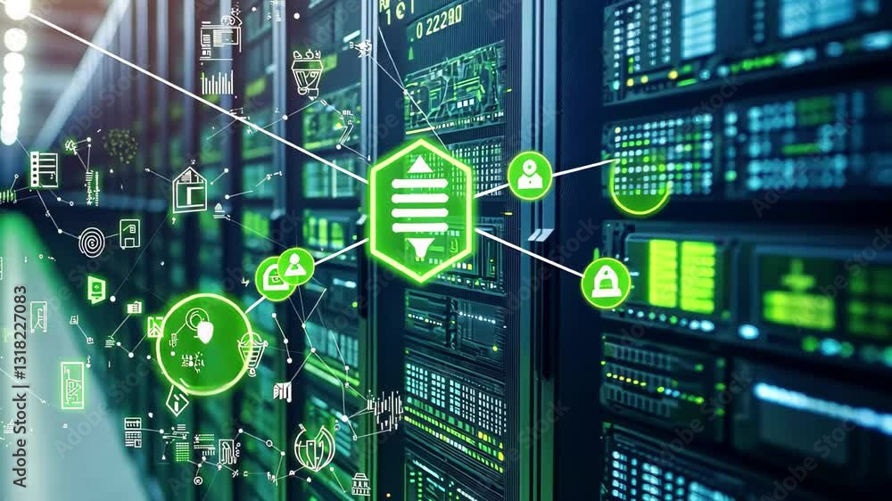 Poster eco-friendly digital data processing enhances sustainability in technology environments, eco icons a