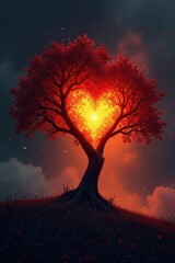 Immense black & orange tree, fiery heart ablaze, branches, mythical