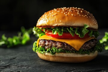 Juicy cheeseburger with lettuce, tomato, and sesame bun on dark background.