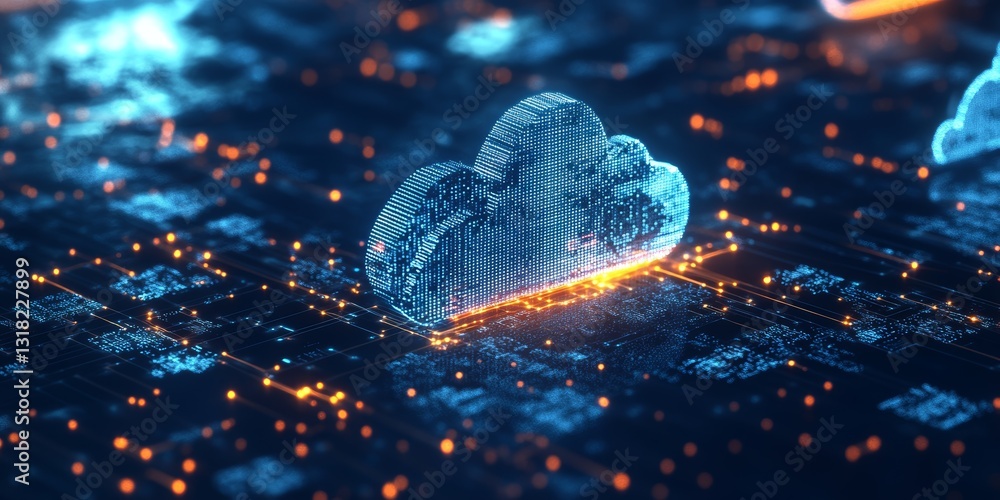 Poster a captivating digital illustration of a cloud symbol surrounded by data flow and glowing connections