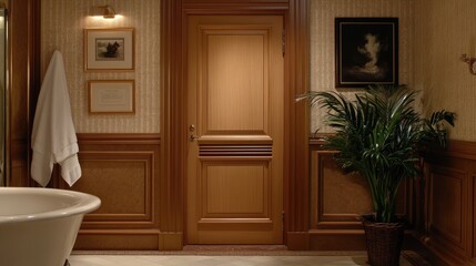 A half-louvered door in a bathroom, showing both ventilation and solid paneling.
