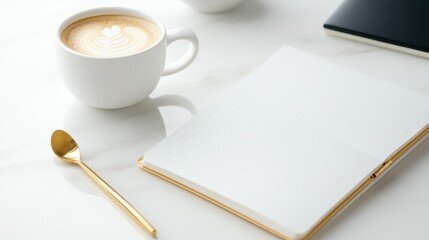 Coffee cup with a notebook on a table