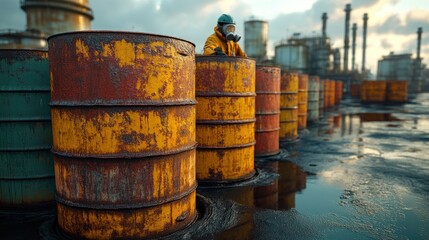 Obraz premium Worker in hazmat suit inspecting rusty barrels near industrial plant, pollution.