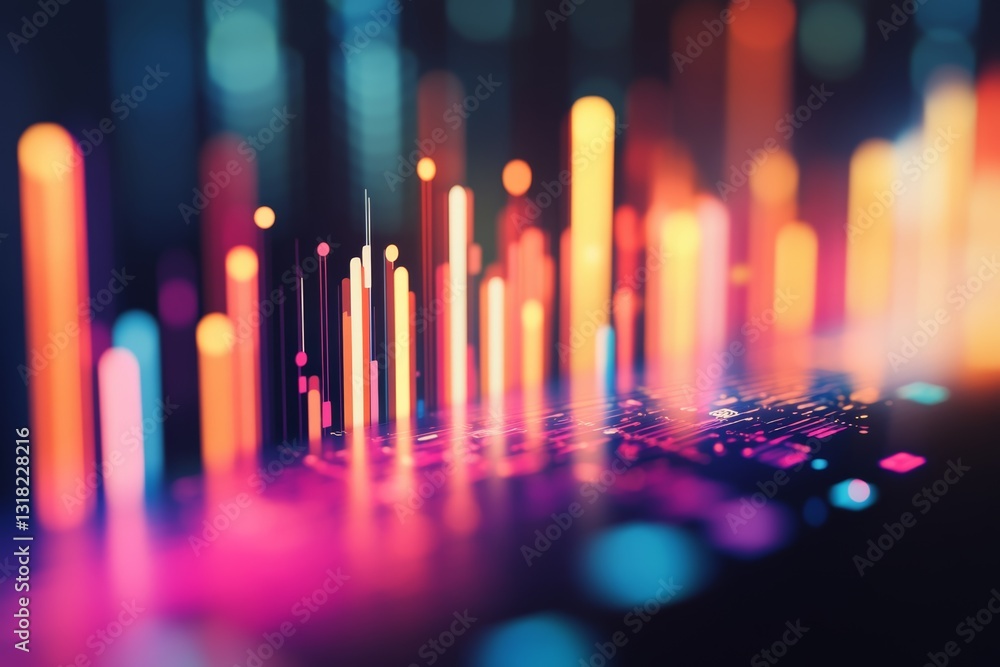 Poster vibrant and colorful digital visualization of data displayed in abstract light forms. this artistic 