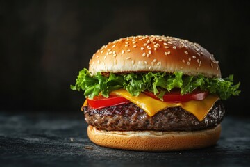 Juicy cheeseburger with lettuce, tomato, and sesame bun on dark background. (3)