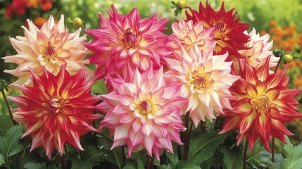 Radiant dahlias displaying vibrant hues in full bloom amidst verdant foliage