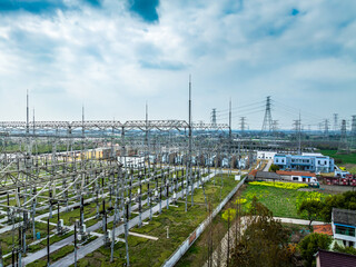 High voltage power substation in the countryside