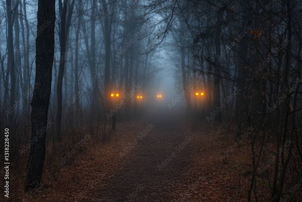 Poster a tranquil forest pathway enveloped in fog features glowing lanterns that create a mysterious ambian
