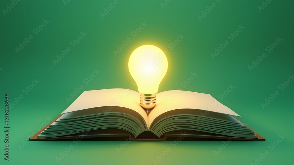 Poster open book with glowing light bulb on green background, 3d rendering. generated by ai