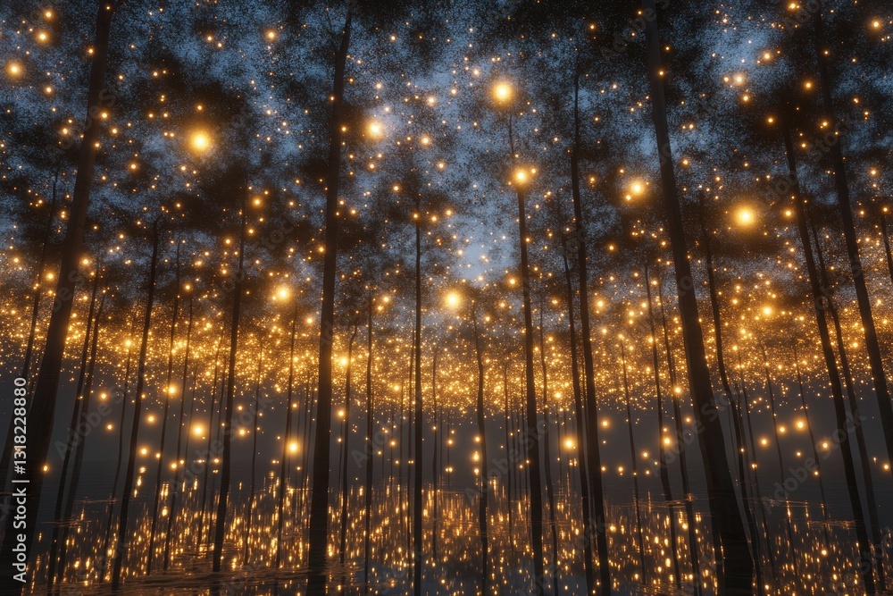 Poster a forest with many lights shining on it. the lights are scattered throughout the forest, creating a 