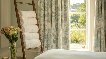 A ladder-style towel rack leaning against the wall, holding bath towels and linens.