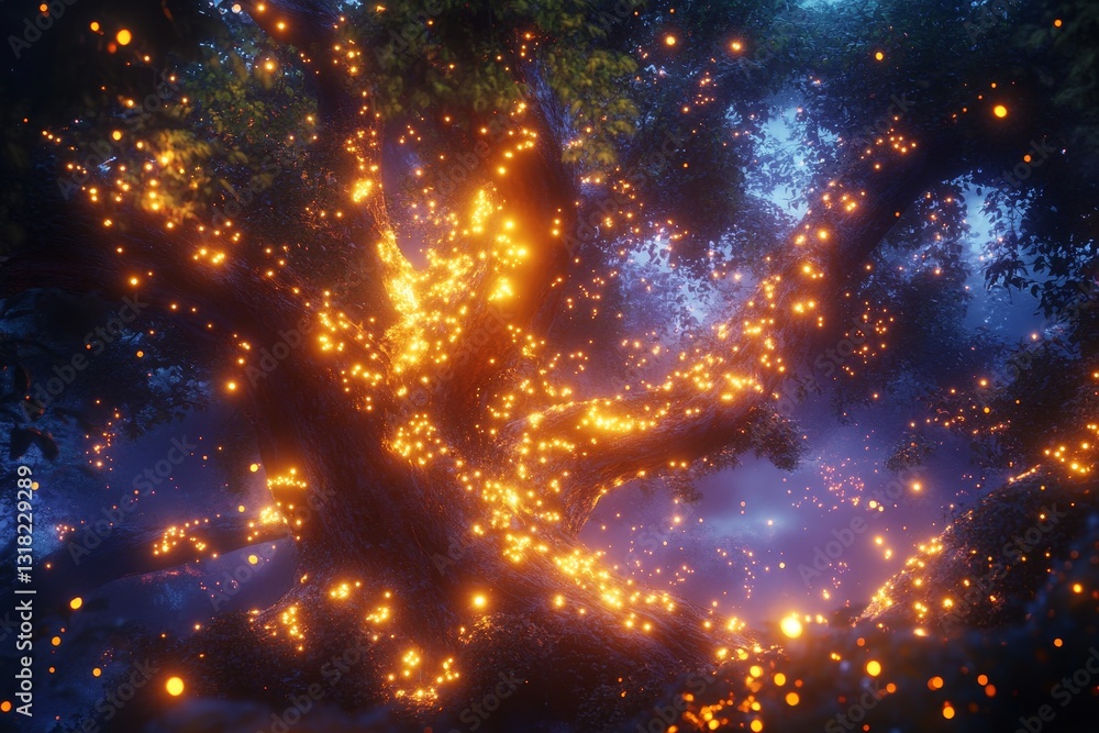 Canvas Prints a tree with glowing lights on it. the lights are orange and they are scattered all over the tree
