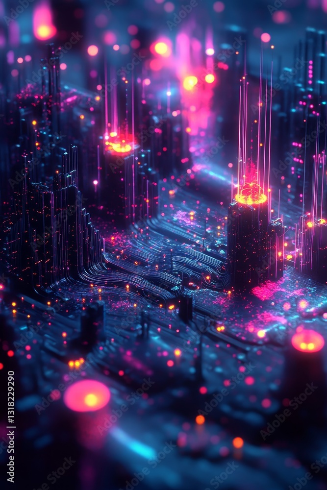 Poster a mesmerizing digital landscape featuring glowing lights and intricate circuit patterns. this futuri