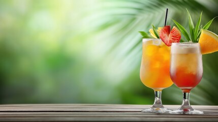 Refreshing summer cocktails garnished with tropical fruits on a wooden table against a blurred background