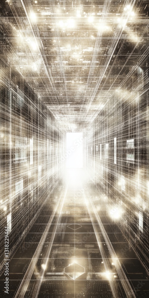 Poster this abstract image features a futuristic corridor with bright light emanating from the end, symboli
