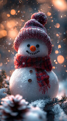 Obraz premium Cute snowman with red hat and scarf in a snowy setting