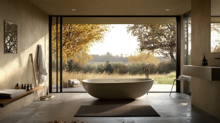 A luxurious en-suite bathroom with seamless indoor-outdoor design.