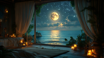 Obraz premium room and moon view on beach landscape - vacation concept background