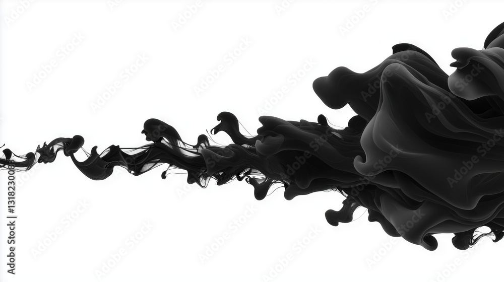 Poster abstract artistic representation of black ink splashes floating on a white background