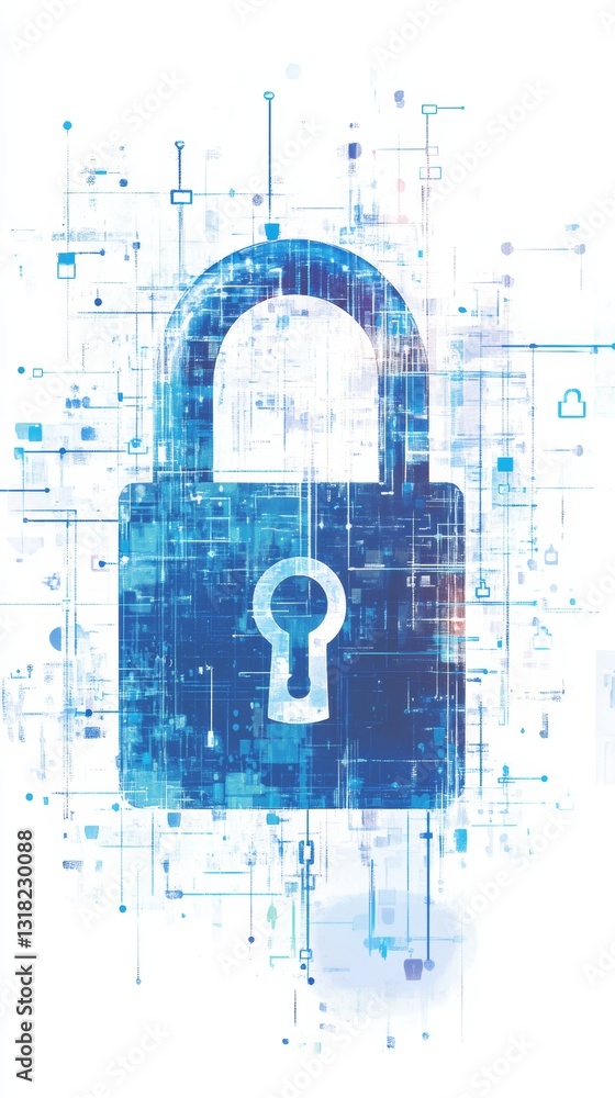 Poster digital art of a padlock symbol representing cybersecurity and data protection. the abstract design 