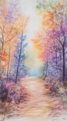 Fototapeta premium Discover a serene pastel drawing of a forest pathway, adorned with vibrant autumn colors. This tranquil artwork captures nature's beauty and harmony.