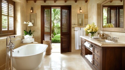 A luxurious spa-style bathroom with a custom-designed louver door.