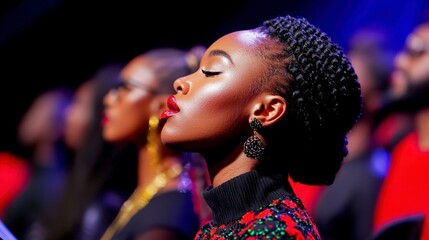 Fototapeta premium Woman in Choir Gospel Singer Red Lips Soulful Close Up