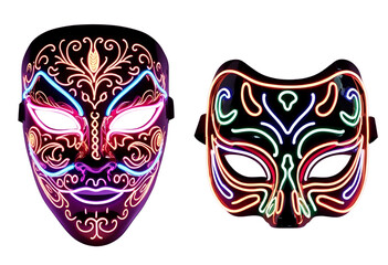 Naklejka premium Luminous Carnival Masks Glow Brightly, Intricate Designs Illuminate the Night, a Festive and Mysterious Display Generative AI 