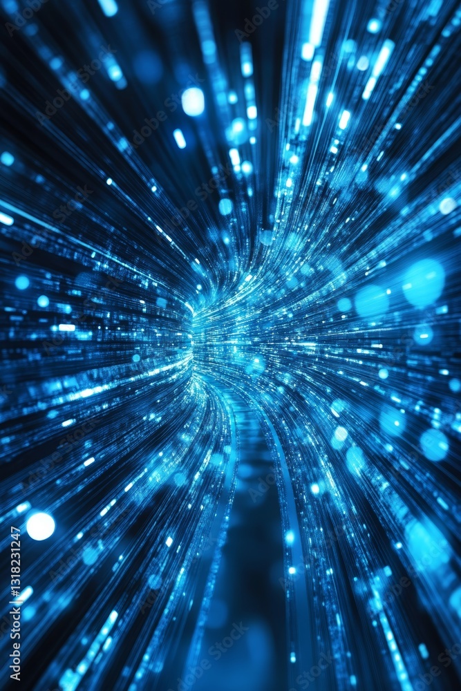 Poster explore a captivating abstract image featuring a blue light ray tunnel, with glowing particles creat