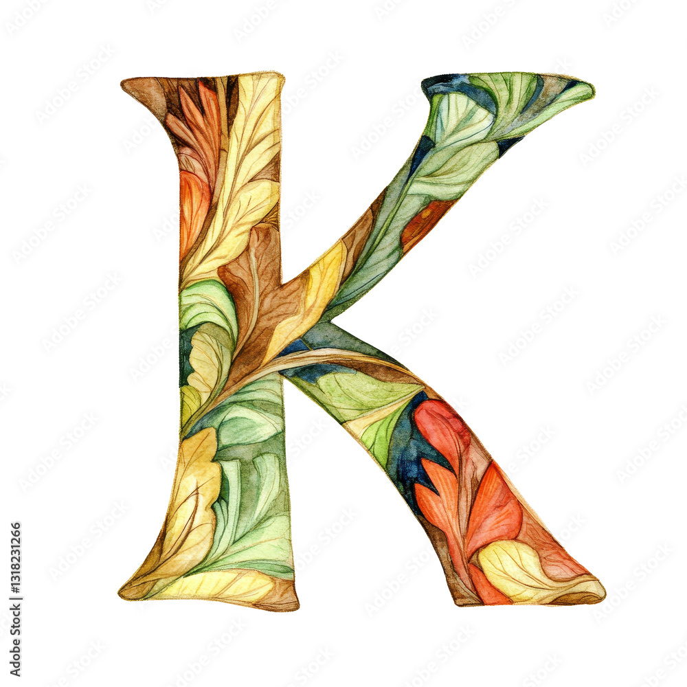 Poster creative representation of the consonant letter k adorned with colorful leaf patterns against a tran