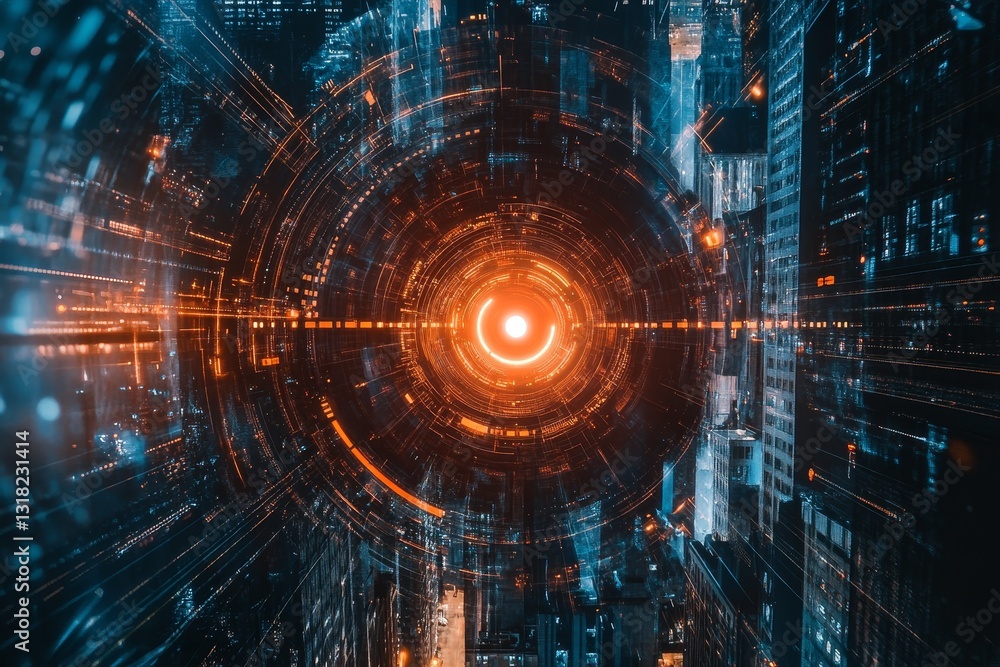 Poster explore an abstract futuristic background featuring vibrant light trails and circular patterns, crea