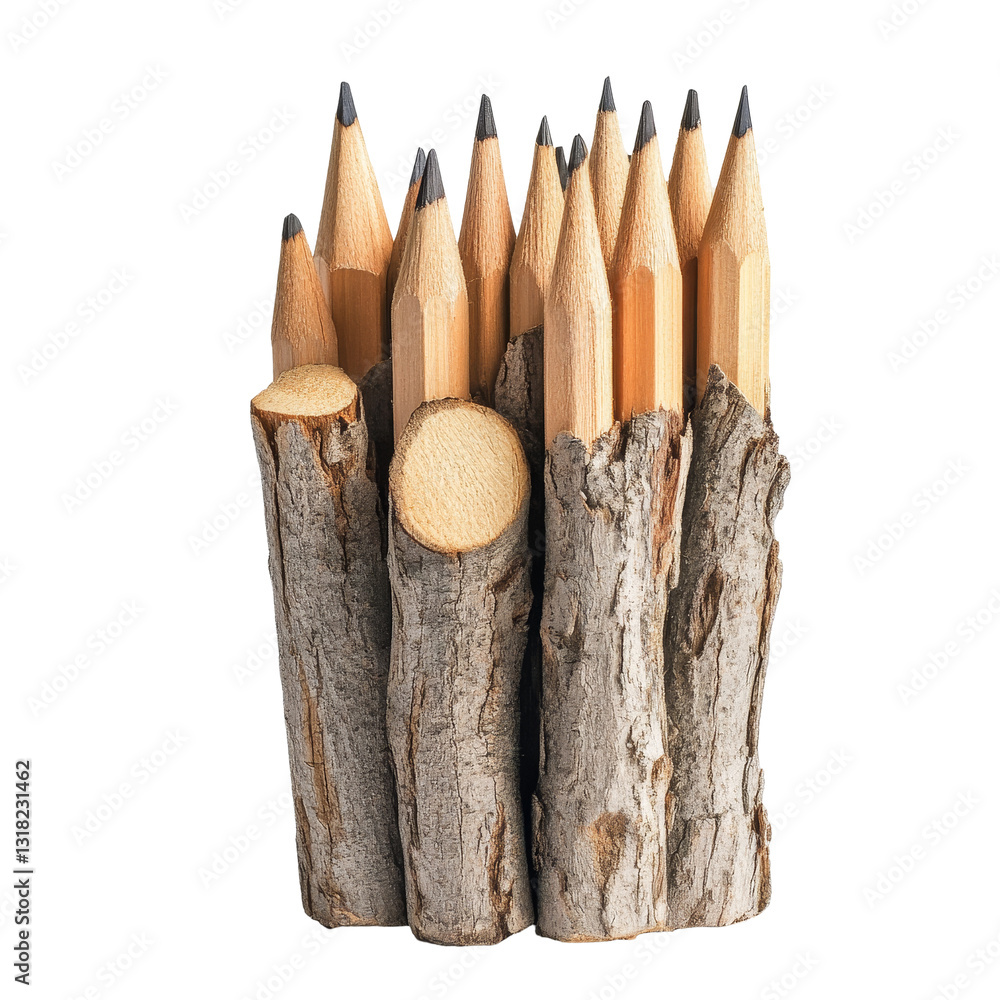 Poster a collection of sharpened wooden pencils arranged in a rustic holder made from tree branches on a tr