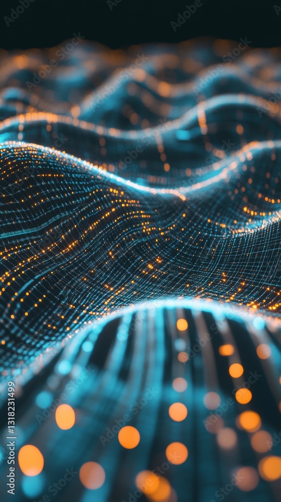 Poster this abstract digital image features mesmerizing wave patterns illuminated by glowing blue and orang