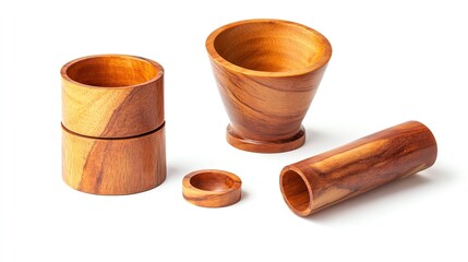 Wooden Mortar and Pestle Set: Ideal for Grinding Herbs and Spices, Made from High-Quality Wood. Isolated on White Background.