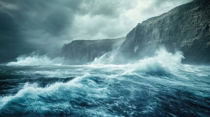 Fototapeta premium Turbulent ocean waves crash against rocky cliffs under stormy skies