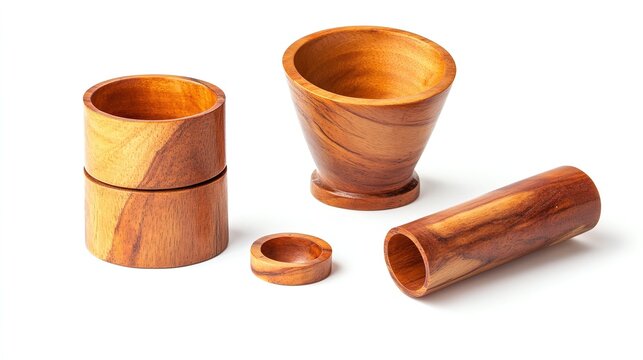 Wooden Mortar and Pestle Set: Ideal for Grinding Herbs and Spices, Made from High-Quality Wood. Isolated on White Background.