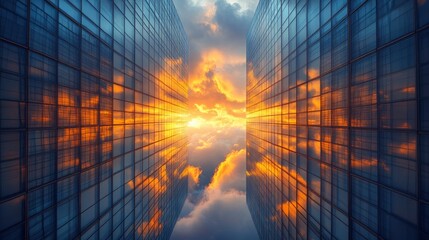 Aerial view of modern glass skyscrapers reflecting golden sunset light, with dramatic clouds swirling between buildings
